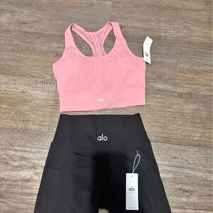 ALO Yoga Pink Sports Bra and Black Leggings Set
